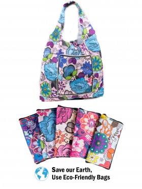 Flower Themed Reusable Foldable Shopping Bags W/ Zipper (12 Pcs)